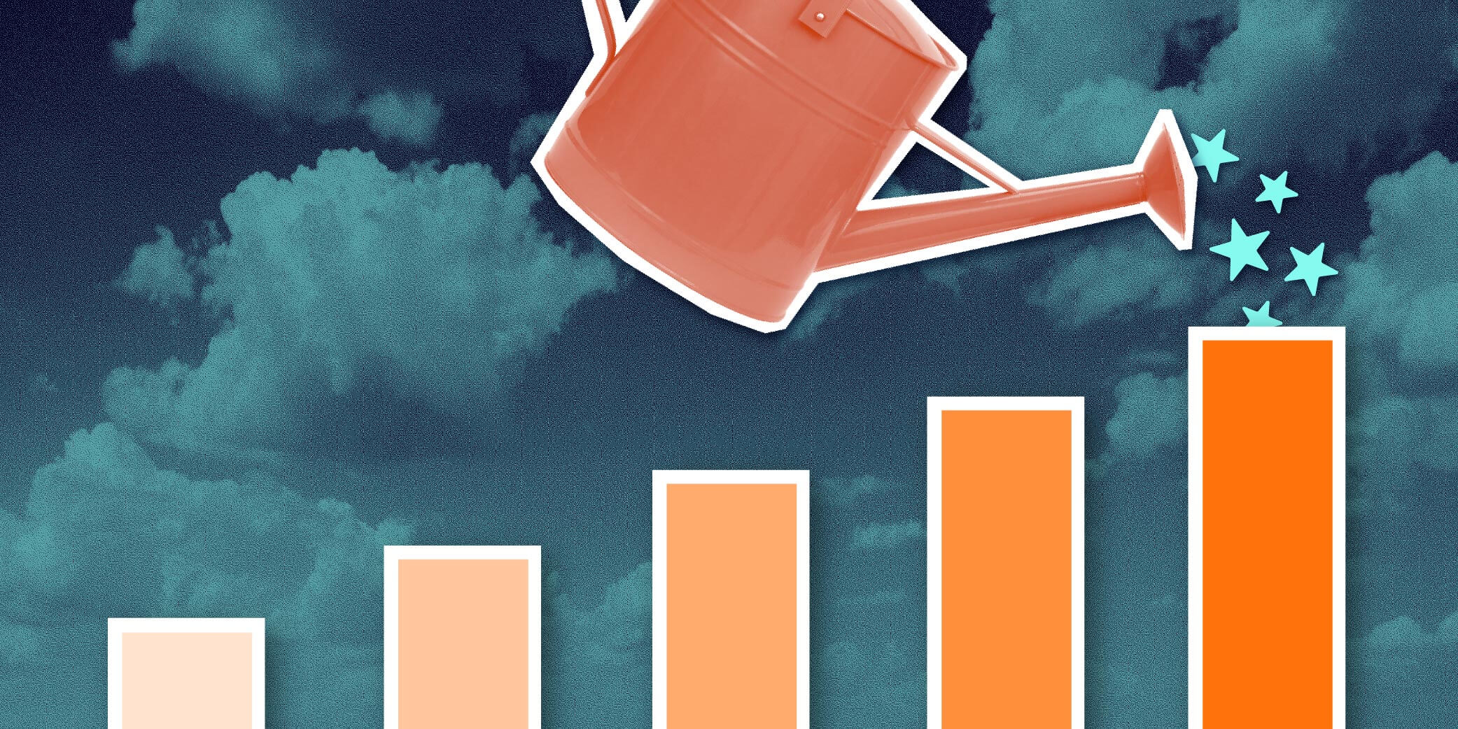 Illustration of an orange watering can pouring stars onto a bar graph with increasing orange bars against a cloudy sky background.