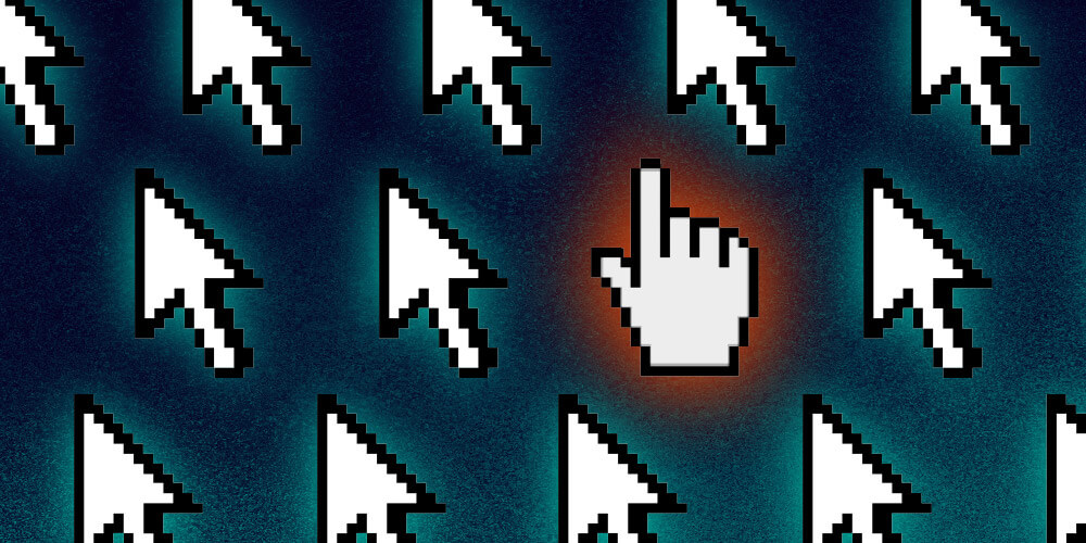 Multiple pixelated computer cursors point upward on a dark background; one hand-shaped cursor in the center is highlighted with a red glow.