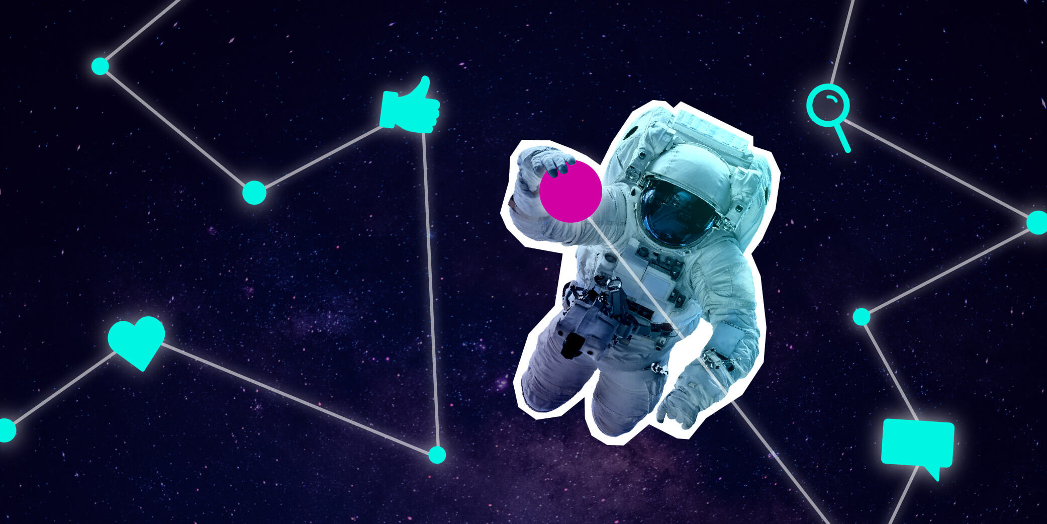 An astronaut floating in space with stylized neon social media icons and lines connecting symbols like a heart, thumbs up, and magnifying glass.