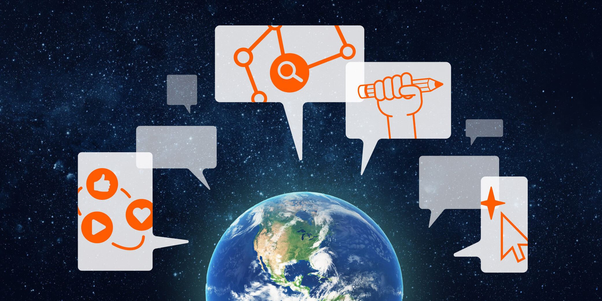An illustration of the Earth with logos indicating various marketing services coming off of it as speech bubbles