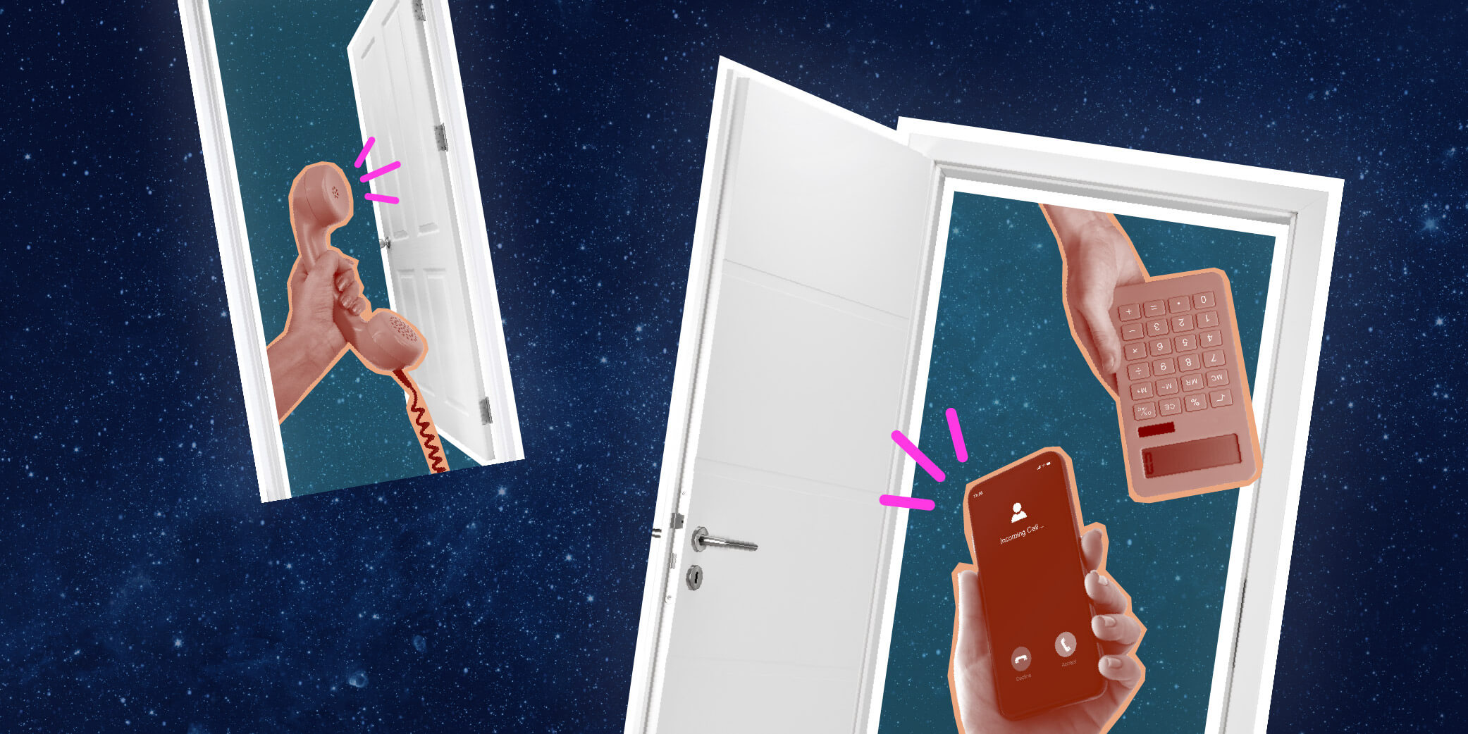 An open door on a starry background reveals a ringing phone and keypad, evoking a sense of curiosity and unanswered opportunities.