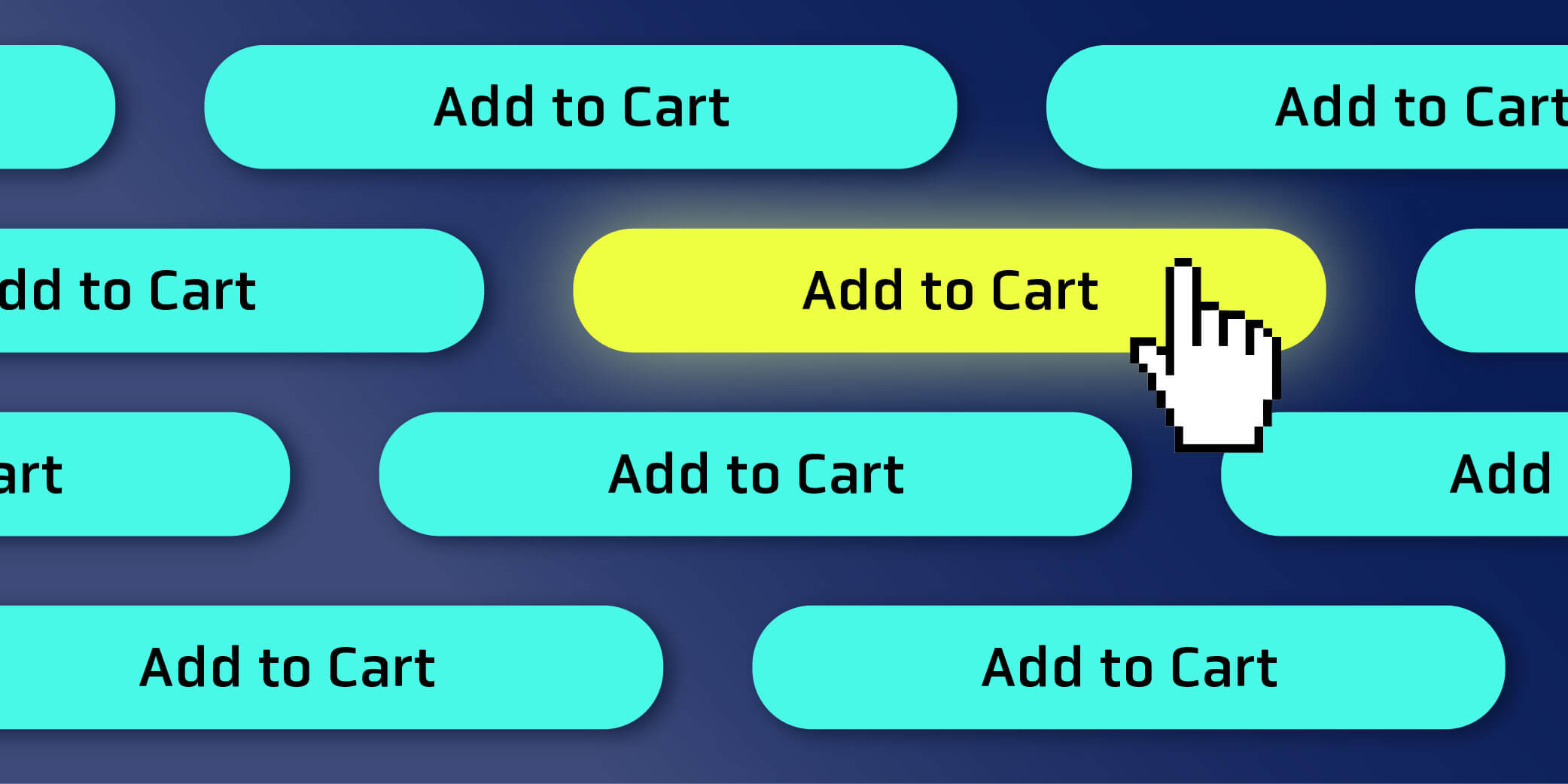 A digital image showing multiple blue "Add to Cart" buttons. One yellow button in the center is highlighted with a cursor pointing to it.